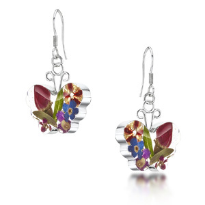 Silver Drop Earrings - Mixed Flowers - Small Butterfly