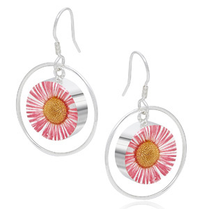 Silver Drop Earrings - Daisy Pink - Round Surround