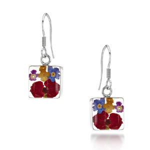 Silver Drop Earrings - Mixed Flowers - Square