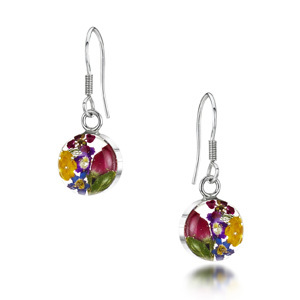 Silver Drop Earrings - Mixed Flowers - Small Round