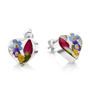 Silver Stud Earrings - Mixed Flowers - Small Heart
