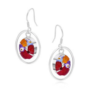 Silver Drop Earrings - Mixed Flowers - Oval Surround