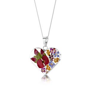 Silver Pendant - Mixed Flowers & Rose - Medium Heart